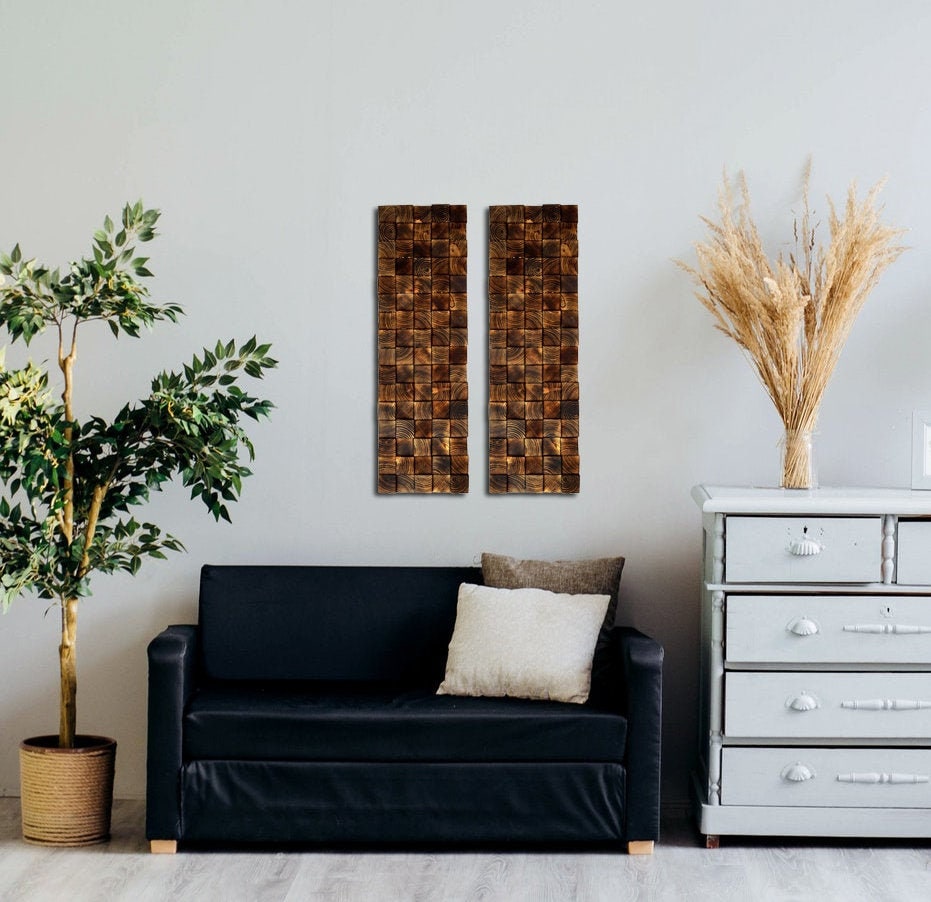 Set of 2 Pine Wood Mosaic Wall Art: Japandi Geometric Panels