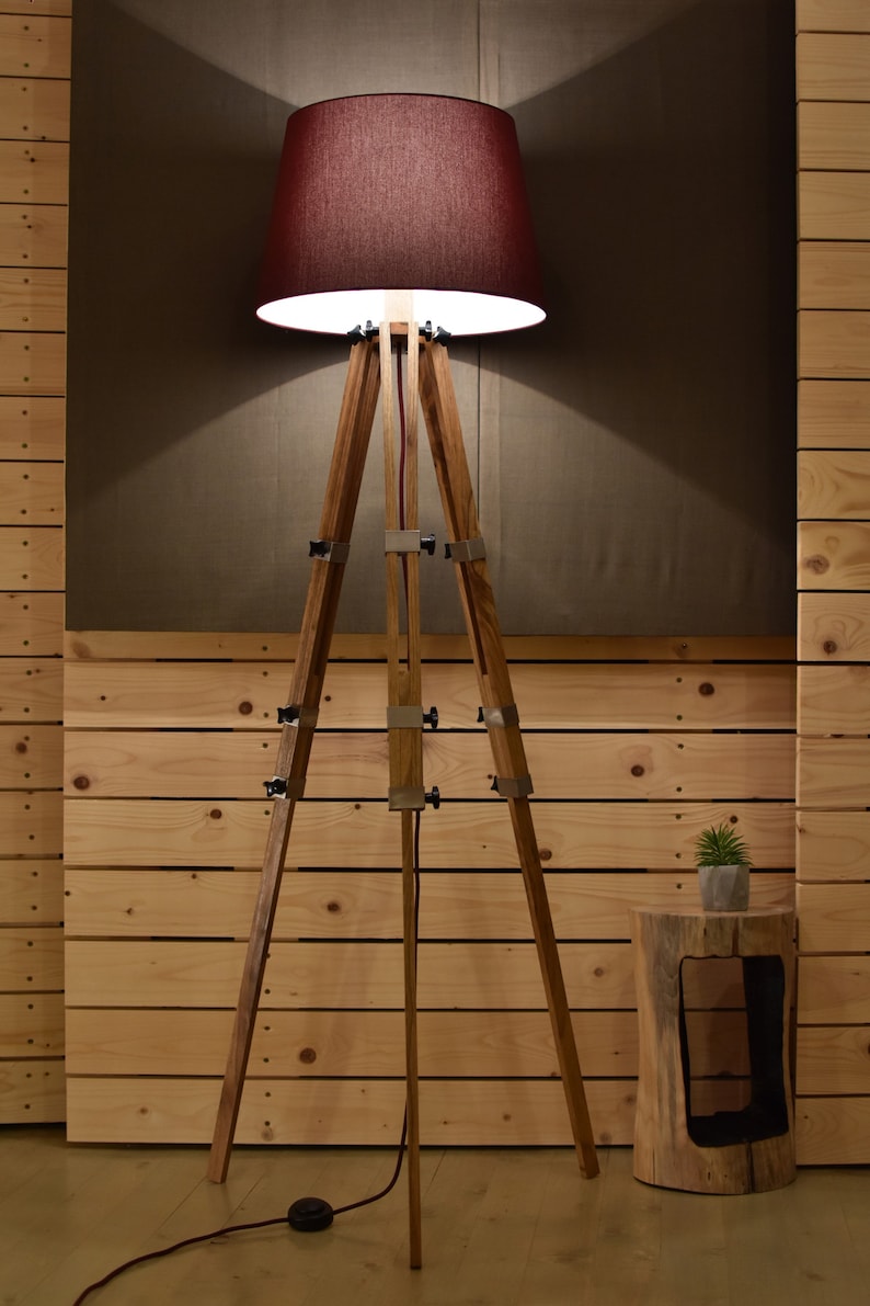 Wood Floor Lamp Interior Dorm Industrial Lighting Textile Shade Drum Tripod