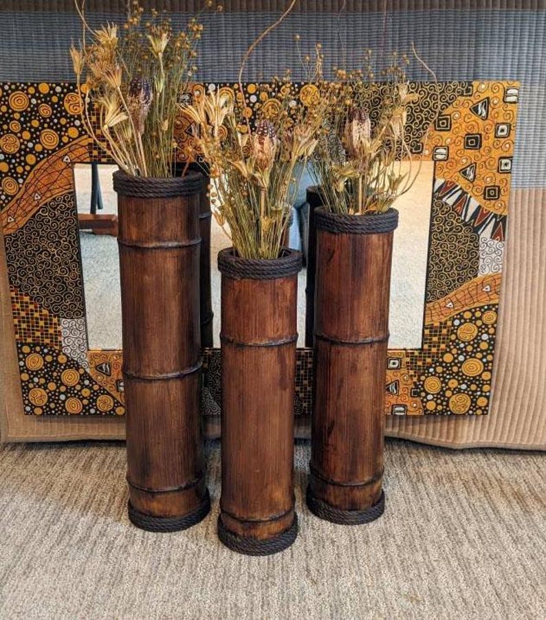 Juego de 2 jarrones de madera, decoración para balcones, floreros, jarrones con flores secas, jarrones de mediados de siglo, jarrones de madera para interiores, decoración rústica de granja imagen 11