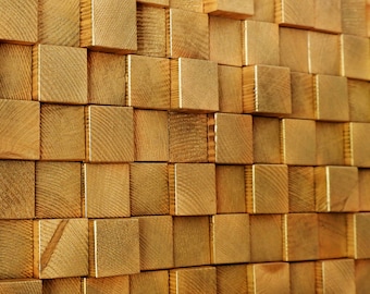 Asymmetrical wood wall art for home studio decor - Wall panel made of wooden blocks - Mid century style wall art in gold