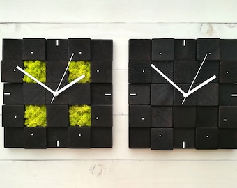 Wood Moss Clock, Wall Clock Chartreuse, Handmade Moss Clock, Square Wall Clock, Danish Modern Clock, Wooden Clock, Scandinavian Moss Clock