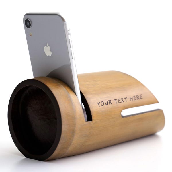 Gepersonaliseerde bamboe telefoonluidspreker en versterker: universeel smartphonedock, rustiek moedercadeau