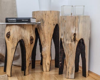Burned Tree Stump Stools: Rustic Farmhouse Plant Stands - Set of Three