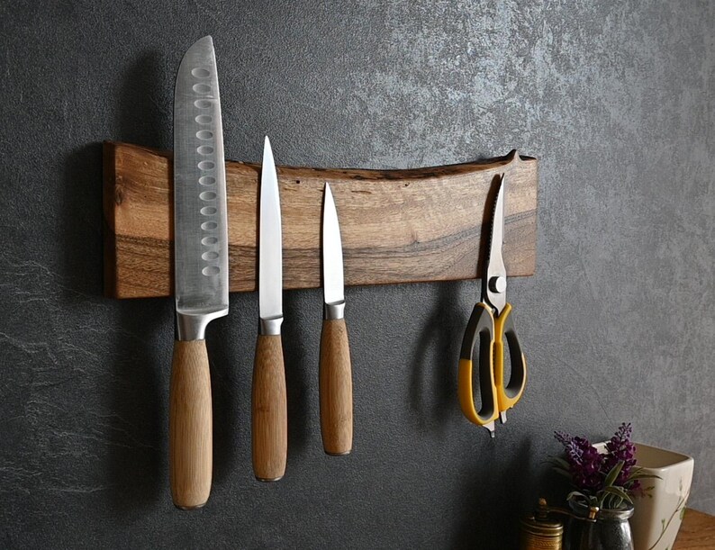 Personalized Live Edge Walnut Magnetic Knife Holder: Chef's Kitchen Organizer, Dad Gift Idea image 3