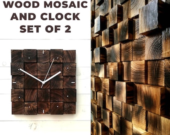 Set Of 2 Wood Wall Art, Wood Wall Clock With Wall Mosaic, Farmhouse Wall Decor, Cabin Wall Decor, Square Clock, Acoustic Panel, Home Decor