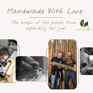 Op de afbeelding: Drie mannen werken aan een bamboe product. De mannen dragen casual kleding en werken in een werkplaats. De tekst "Handmade With Love" en "The magic of the pieces from especially for you!" wordt boven de afbeeldingen weergegeven. Het logo "bamboo.bg" wordt weergegeven in de rechterbovenhoek van de afbeelding.