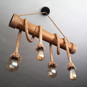 Four head jute rope pendant light - rope bamboo chandelier - rustic farmhouse pendant lighting - wooden ceiling lamp in boho style