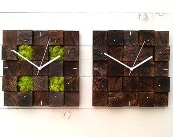 Wooden Wall Clock Chartreuse, Moss Decor, Biophilic Decor, Modern Wall Clock, Gift Idea, Square Moss Clock Scandinavian, Mothers Day Gift