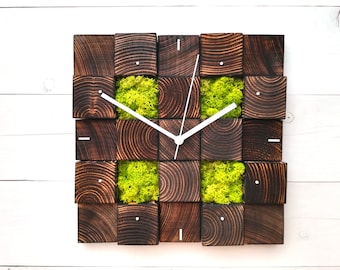 Reloj de pared moderno de madera: decoración geométrica de musgo chartreuse