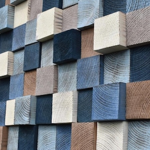 3D Wall Art, Wood Block Art, Wood Wall Art, Wooden Block Wall Art, Blue White Wood Blocks Wall Decor, 3D Wall Decor, Geometric Wall Art