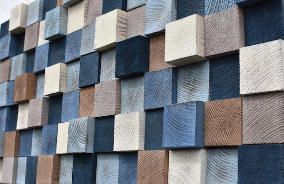 3D Wall Art, Wood Block Art, Wood Wall Art, Wooden Block Wall Art, Blue White Wood Blocks Wall Decor, 3D Wall Decor, Geometric Wall Art