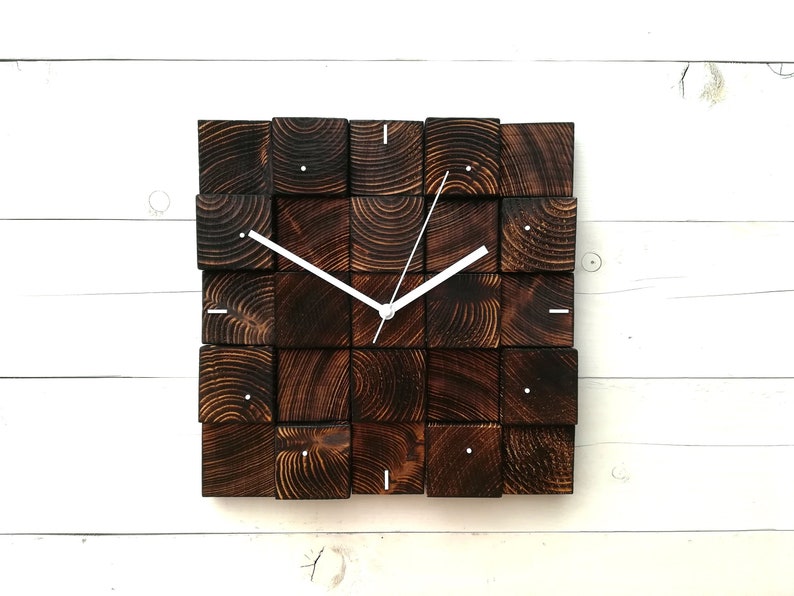 Rustic Wood Clock Wood Wall Clock Square Wooden Clock Mid Etsy