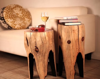 Rustic Wood Stump Side Table: Modern Farmhouse Nightstand - Set of Two