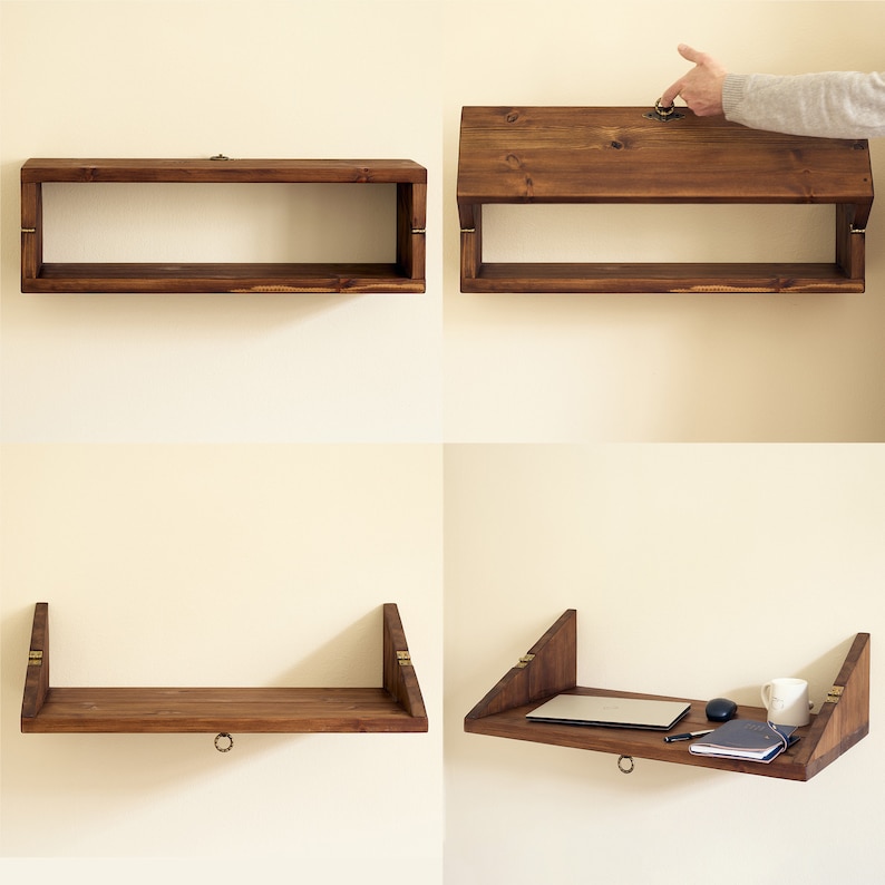 May include: A wooden wall-mounted shelf with a hinged front that folds down to create a small desk. The shelf is made of dark brown wood and has a simple design. The shelf is shown in four different positions: closed, open, with a laptop and other items on the desk, and with the desk folded up.