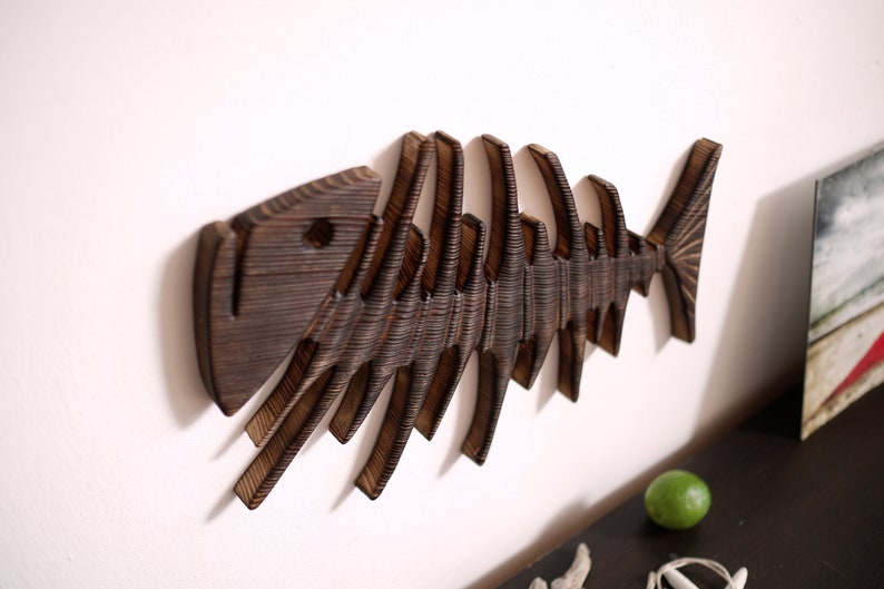 Wall mounted wooden bone fish sculpture Floating bone fish made of pine wood, Birthday gift for fish lovers / Fish lover wall decor image 6
