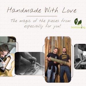 Puede incluir: Tres hombres trabajando en un producto de bamb&uacute;. Los hombres visten ropa informal y trabajan en un taller. El texto "Handmade With Love" y "The magic of the pieces from especially for you!" se muestra sobre las im&aacute;genes. El logotipo "bamboo.bg" se muestra en la esquina superior derecha de la imagen.