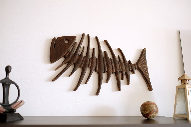 Wall mounted wooden bone fish sculpture Floating bone fish made of pine wood, Birthday gift for fish lovers / Fish lover wall decor image 5