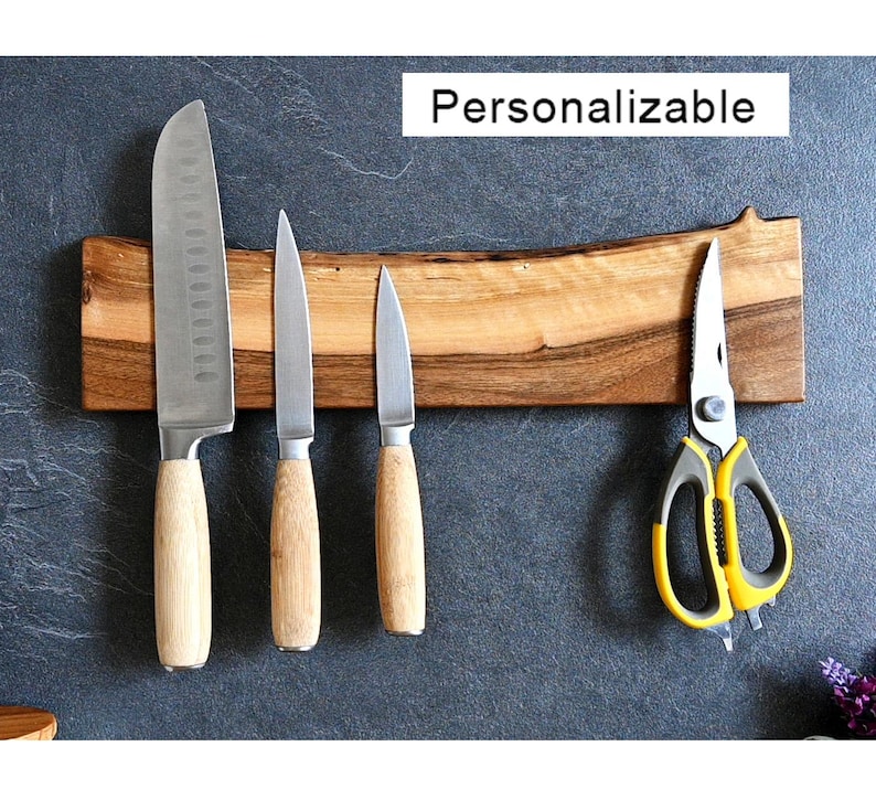 Personalized Live Edge Walnut Magnetic Knife Holder: Chef's Kitchen Organizer, Dad Gift Idea image 1