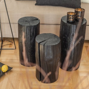 Mesa de tronco de árbol, mesa de madera quemada, mesa de centro, mesa de troncos de cabaña, mesita de noche de madera de mediados de siglo, mesa auxiliar compacta, taburete de madera, mesa de jardín