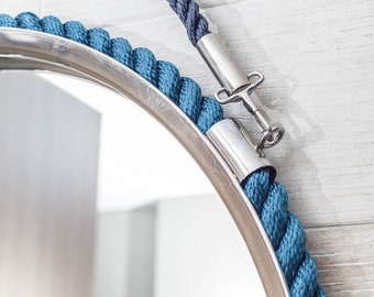 Nautical blue mirror for bathroom - Coastal wall mirror in lined with rope - Hanging boat mirror with round shape - Lake house decor