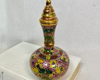 80's Thai Benjarong Porcelain Vase // Vintage Hand-Painted Floral Lidded Container with Gold Accents // Lacquered Ceramic