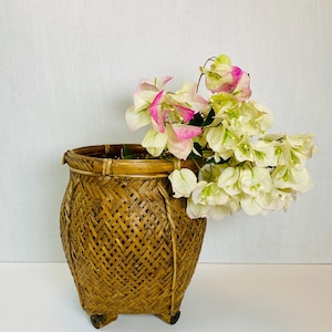 May include: A brown woven bamboo basket with a rounded body and a reinforced rim, standing on three small feet. The basket contains a cluster of cream-colored bougainvillea flowers with vibrant pink-tipped petals extending from the opening.