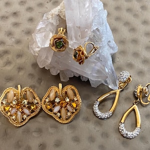 Vintage 60&#39;s Clip-On Earring Collection // Retro Costume Jewelry Sets from Trifari, Peridot, Gold