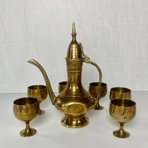 70's Vintage Middle Eastern Brass Tea Set // Ornate Serving Collection // Traditional Arabic Coffee and Goblets // Dallah & Finjaans