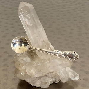 May include: A silver teaspoon with an ornate handle rests on a bed of clear quartz crystals.