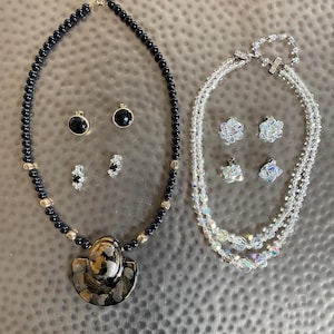 Vintage Jewelry Sets: Enamel Pendant Necklace & Aurora Borealis Bead Set