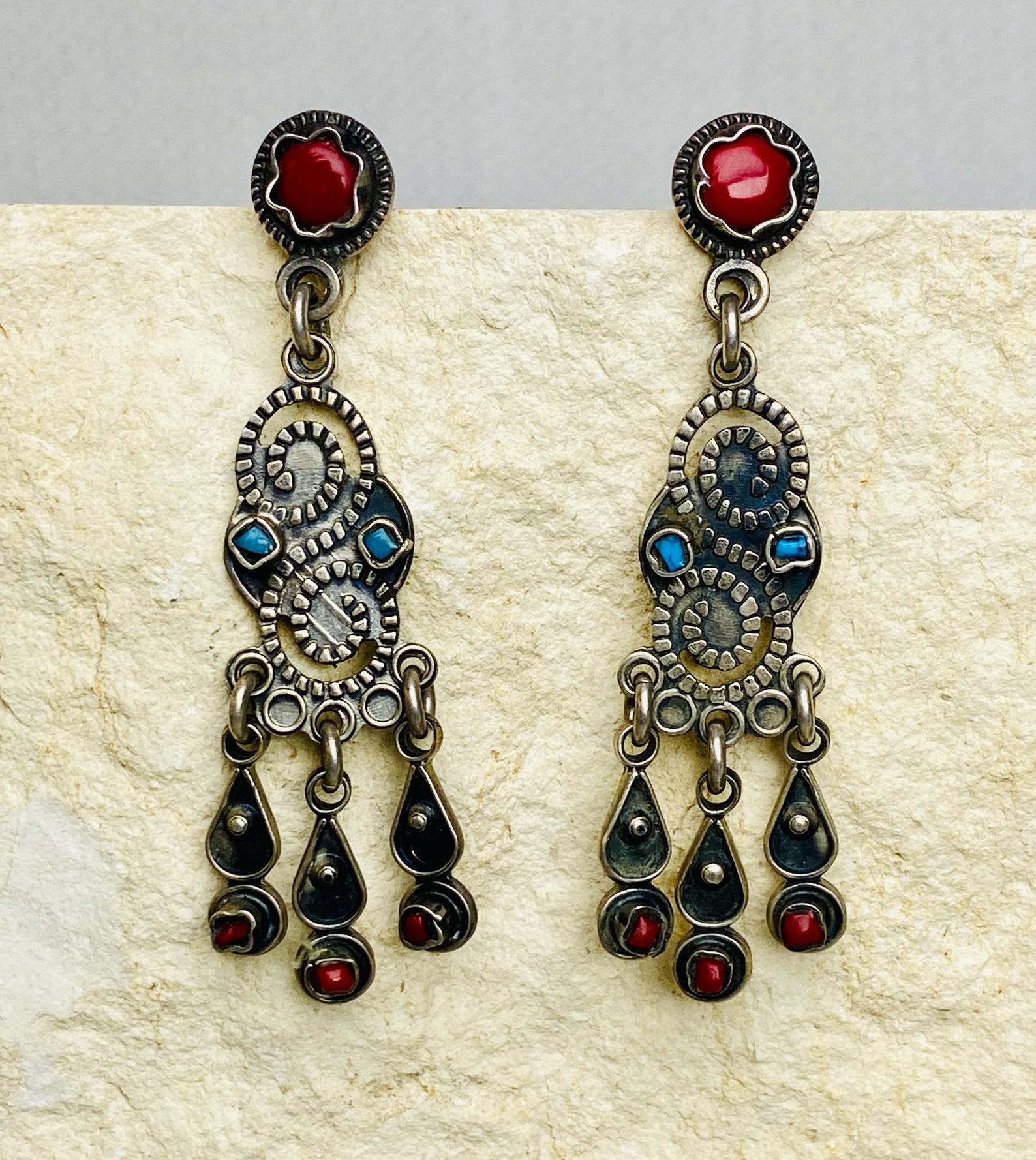 90's Vintage Mexican Sterling Silver Earrings // Coral & Turquoise Dangle Posts, Signed Southwest Jewelry