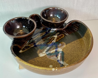 90's Vintage "Bruce Larrabee" Stoneware Double Chip & Dip Serving Platter // Entertaining Serving Dinnerware // Appetizer