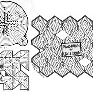 May include: Black and white hand-drawn mazes by Uncle David. The image features three maze designs: a circular maze with the text "Connect the Black Circles", a hexagonal maze with "Connect the Diamonds!!", and a geometric maze with "Connect the Black Triangles!!".