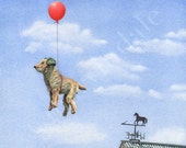 Dudley Sails Away (framed print from watercolour of toy dog, red balloon and weathervane by Cori Lee Marvin)