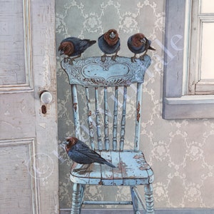 The Welcoming Committee (framed art print from watercolour of blackbirds on an antique chair by cori lee marvin)