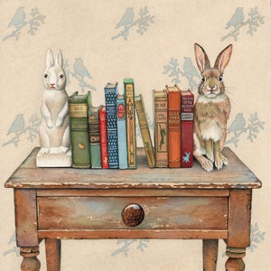 Un adorabile coniglio funge da fermalibri in un acquerello realistico e dettagliato intitolato "Bookends" (simpatica e stravagante stampa artistica incorniciata di Cori Lee Marvin).