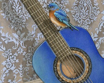 Bluebird Watercolor Painting with Blue Guitar. "The Blues" (whimsical framed print from watercolour by Cori Lee Marvin)
