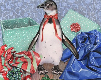 The Surprise (art print from watercolour of penguin amid Christmas wrap by Cori Lee Marvin)