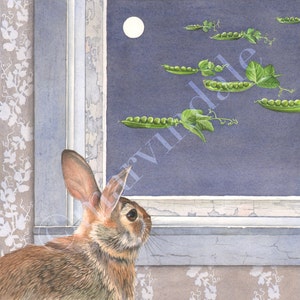 Moonlight Visitors (framed art print from watercolour of rabbit and flying pea pods  by cori lee marvin)