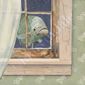 Fish at my Window (framed art print from watercolour of fish floating in window at night)