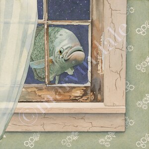 Fish at my Window (framed art print from watercolour of fish floating in window at night)