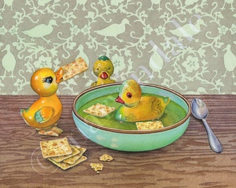 Crackers for Quackers (framed art print from watercolour of antique (vintage) rubber ducks in a soup bowl by cori lee marvin)