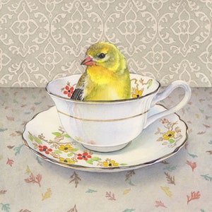 Cardellino in una tazza (stampa incorniciata da un acquerello di un cardellino in una tazza da tè di Cori Lee Marvin)