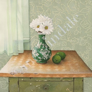 Daisies and Limes (framed art print from watercolour of Daisies and Limes still life by cori lee marvin)