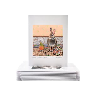 Set of 10 Cheerful Bunnies (cute, whimsical, rabbit greeting cards from realistic watercolor art by Cori Lee Marvin, artist and painter)