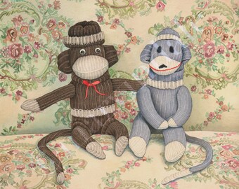 Sock Monkeys (framed art print from watercolour of two antique sock monkeys on vintage sofa by Cori Lee Marvin)