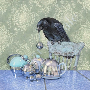 Crow Collects (framed art print from watercolour of crow gathering shiny antique artifacts by Cori Lee Marvin)