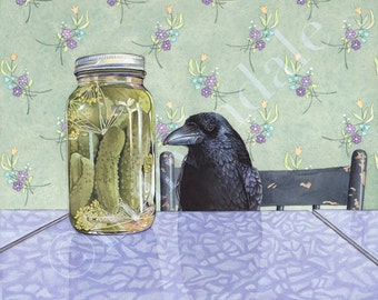 Crow Wants a Pickle (framed print from watercolour of crow with jar of pickles on formica table by Cori Lee Marvin)