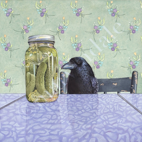 Crow Wants a Pickle (framed print from watercolour of crow with jar of pickles on formica table by Cori Lee Marvin)