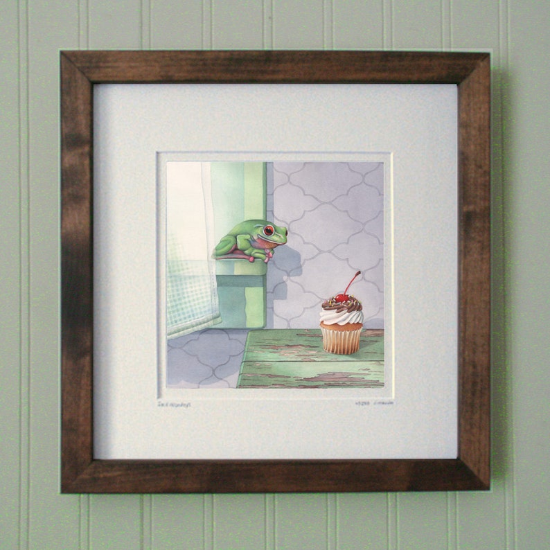 Frog Covets Cupcake framed Art Print From Watercolour of Frog - Etsy